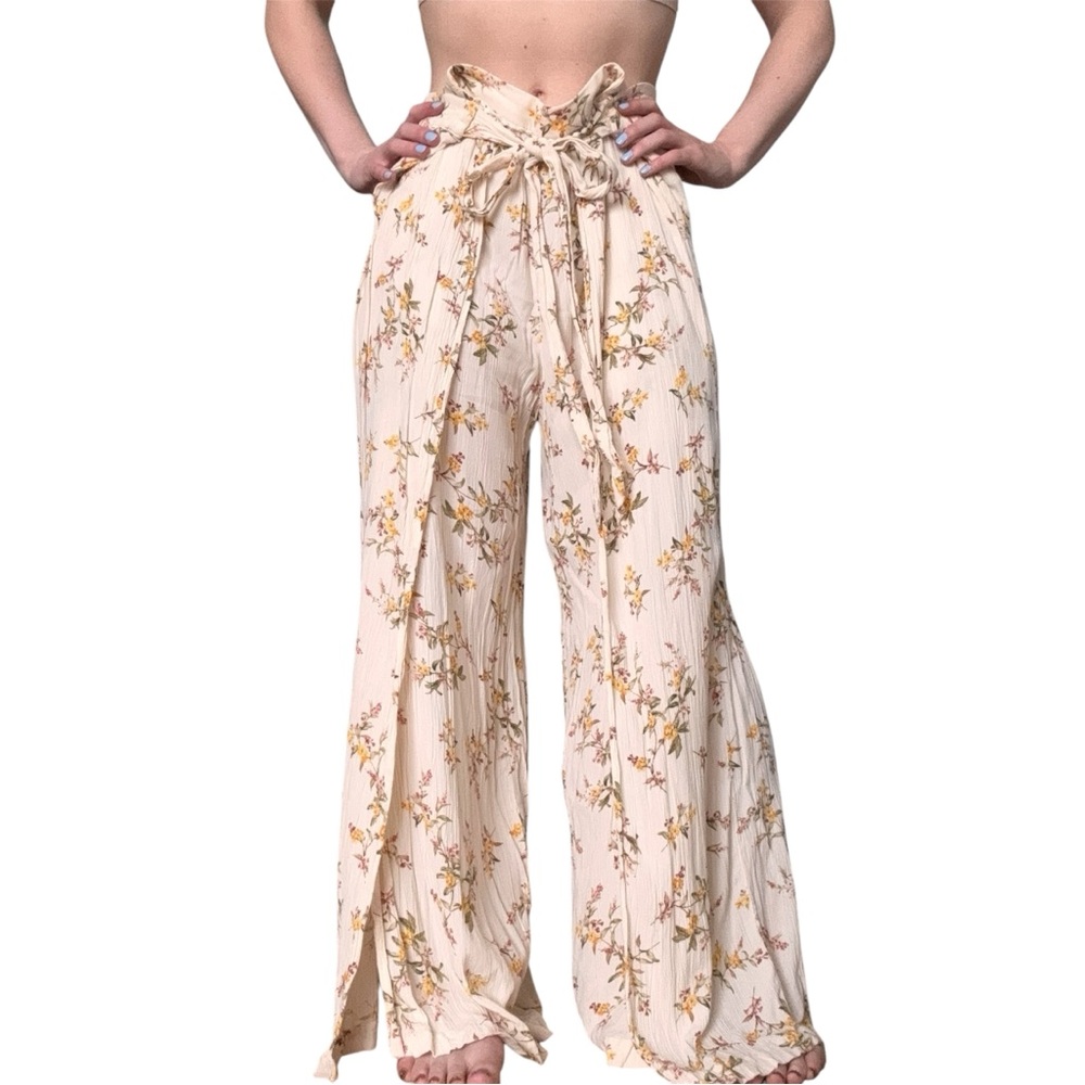 American Eagle Floral Wide-Leg Pant Festival Coastal Hippie Coachella Pink Cream